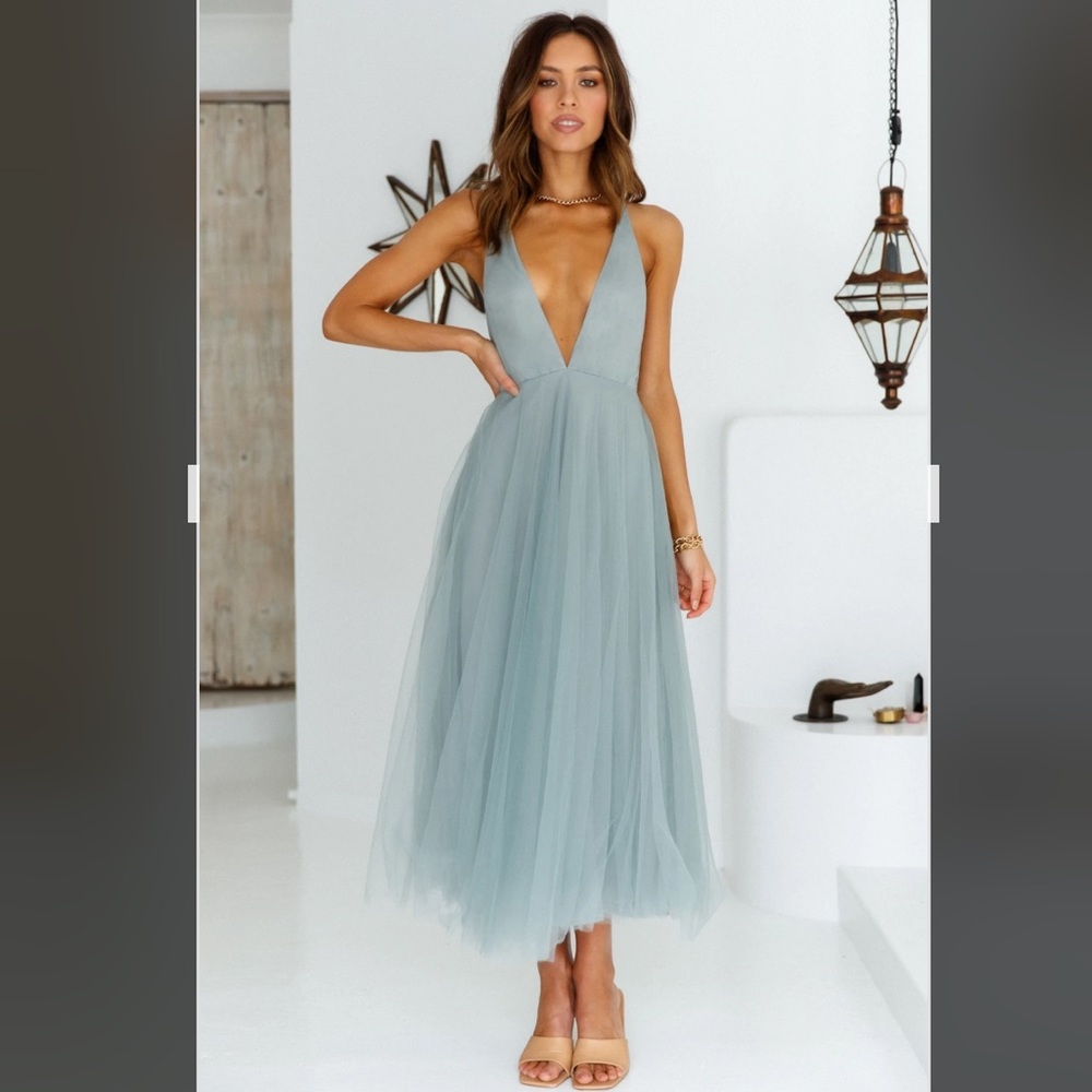 Plunge neck tulle dress with low sexy back in sage - brand new never worn